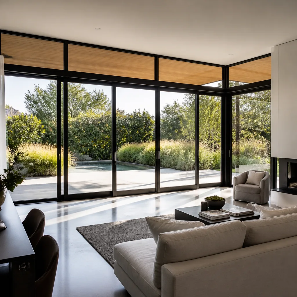 Modern sliding patio doors opening to a lush garden view