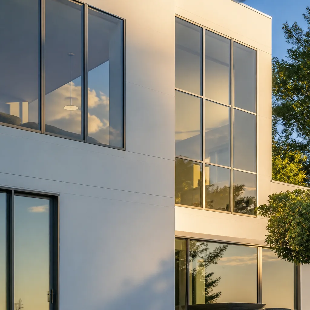 Modern glass window installation on a minimalist architectural building facade