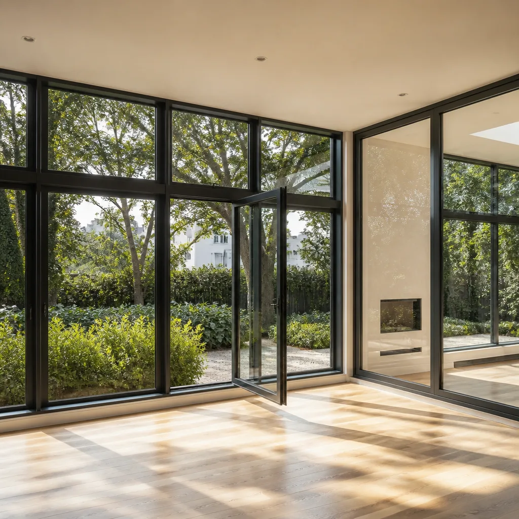 Modern floor-to-ceiling black window installation in a contemporary home living room.