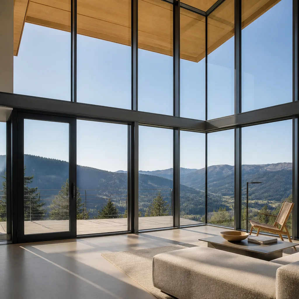 Modern floor-to-ceiling glass windows and door frame a mountain view