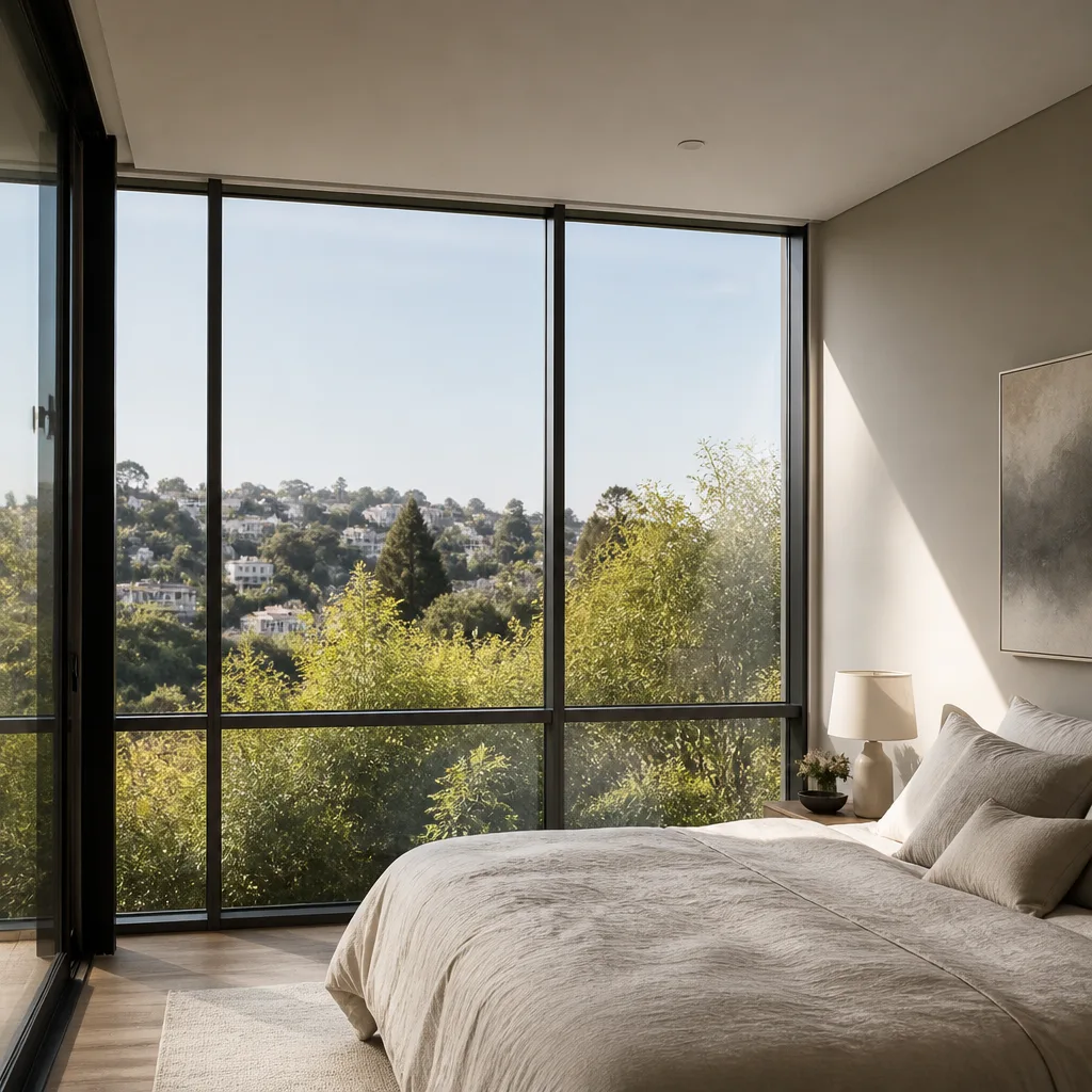 Modern floor-to-ceiling panoramic window installation in a bright minimalist bedroom