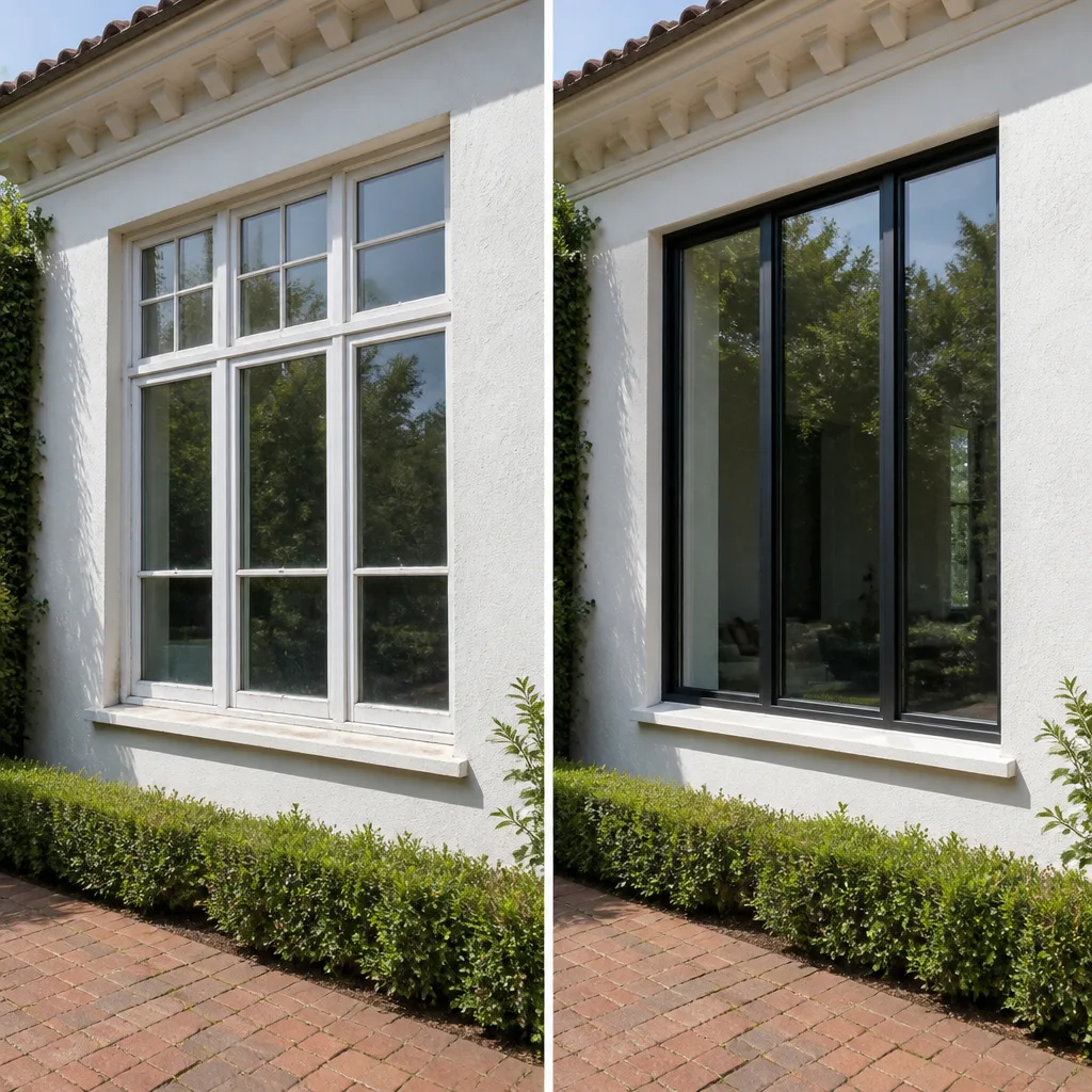 Before and after professional window replacement showing traditional and modern black frames
